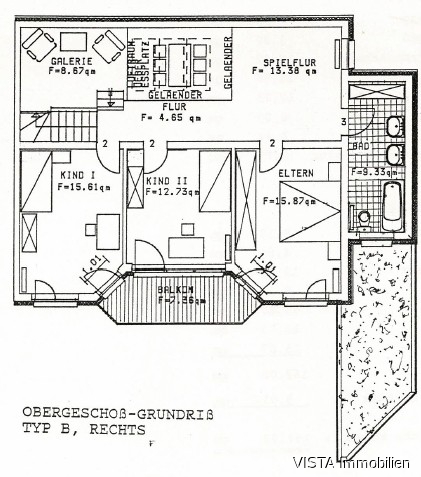 Grundriss Obergeschoss Reihenendhaus Darmstadt / Kranichstein